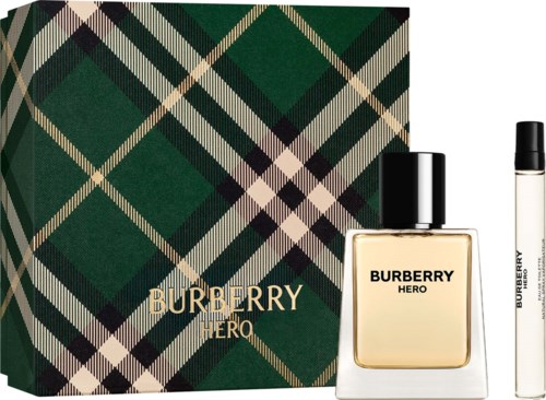 Burberry Hero perfume bottle and packaging in green plaid pattern with "BURBERRY HERO" text.