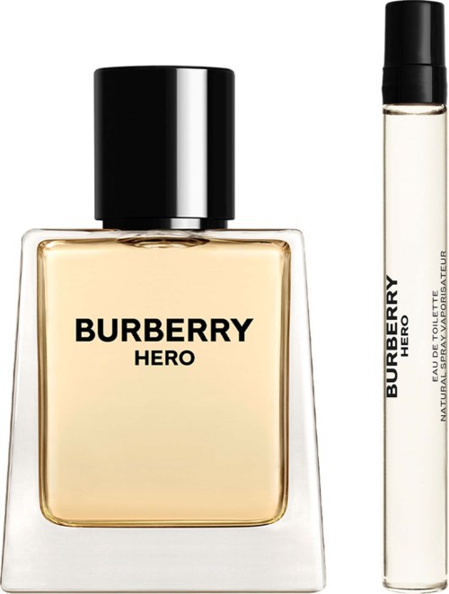 Burberry Hero fragrance bottle with a black cap and a slim, clear perfume vial beside it.
