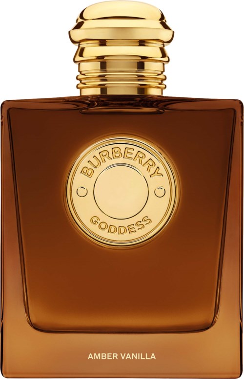 A front view of Burberry Goddess Amber Vanilla perfume bottle with gold cap and amber-colored glass.