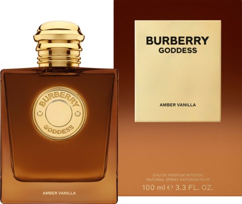 Burberry Goddess Amber Vanilla perfume bottle and box with gold cap and brown packaging.