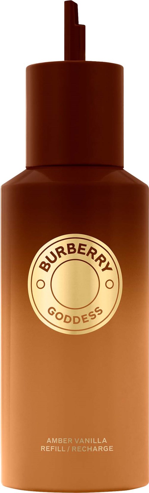 A brown bottle with a pump labeled Burberry Goddess Amber Vanilla Refill. It has a round logo and product name.
