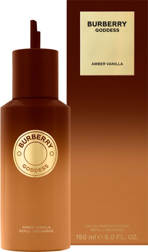 Burberry Goddess Amber Vanilla perfume refill bottle beside its box, brown bottle with label and spray top.