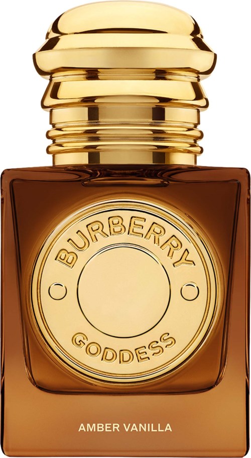 Amber Vanilla perfume in a brown glass bottle with a gold cap and Burberry Goddess label.