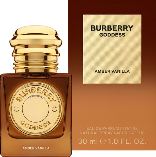 Bottle of Burberry Goddess Amber Vanilla perfume with gold cap and matching box.