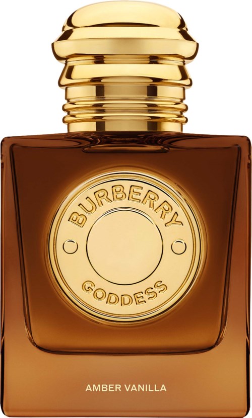 A Burberry Goddess Amber Vanilla perfume bottle with a square shape, gold cap, and labeled scent.