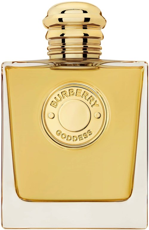 Eine gelbe Parfümflasche mit goldener Kappe und rundem Logo mit der Aufschrift 'Burberry Goddess'.