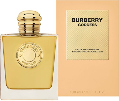 Ein Parfümflasche mit der Aufschrift Burberry Goddess und eine passende Box dahinter.