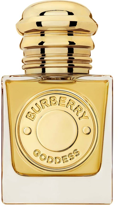 Ein Parfümflasche mit goldener Kappe und Etikett mit "Burberry Goddess," enthält eine hellgelbe Substanz.