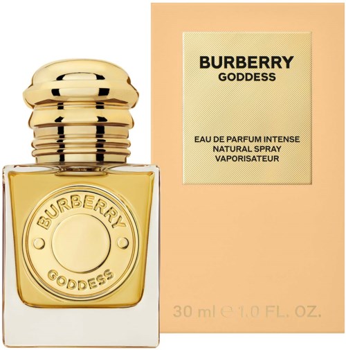 Eine goldene Parfümflasche mit rundem Deckel und einer Box mit der Aufschrift Burberry Goddess Eau de Parfum.