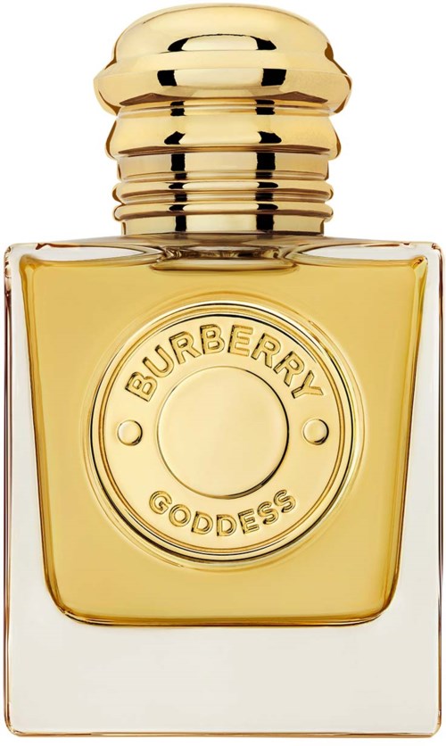Ein Parfümflasche mit goldener Kappe und klarem quadratischem Körper, beschriftet mit "Burberry Goddess."