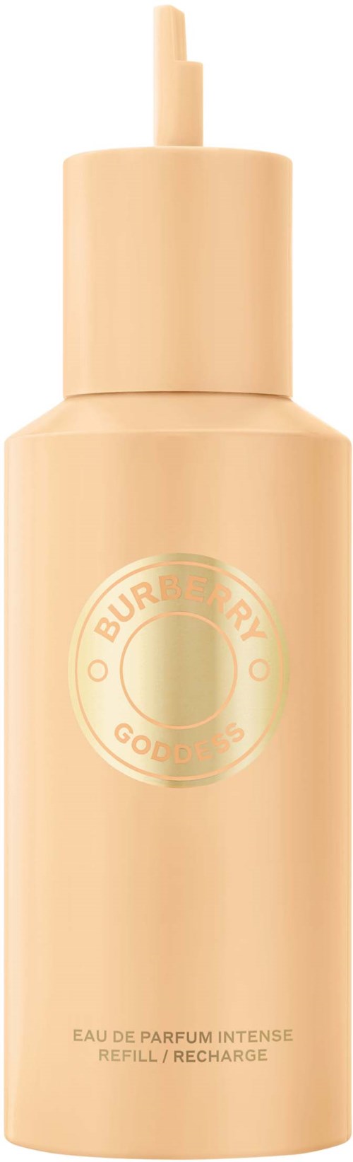 Eine beige Flasche mit Pumpe, beschriftet "OUD BURBERRY GOLDENS" und "Eau de Parfum Intense."