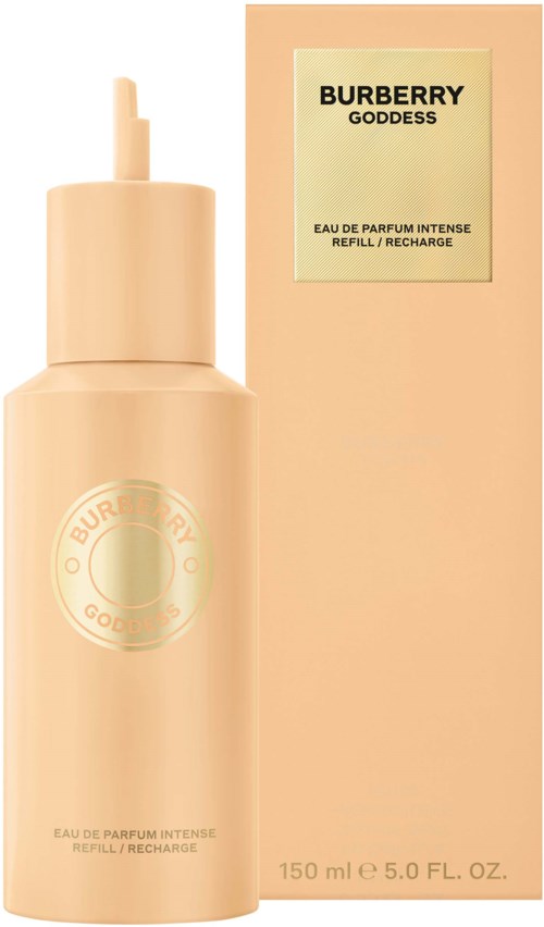 Ein Parfümflasche in Beige mit einem Karton dahinter, beschriftet Burberry Goddess Eau de Parfum Intense.
