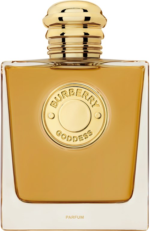 A perfume bottle with a gold cap and yellowish liquid inside, labeled Burberry Goddess.