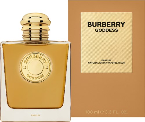 A golden perfume bottle next to a beige box with black text that says 'BURBERRY GODDESS'.