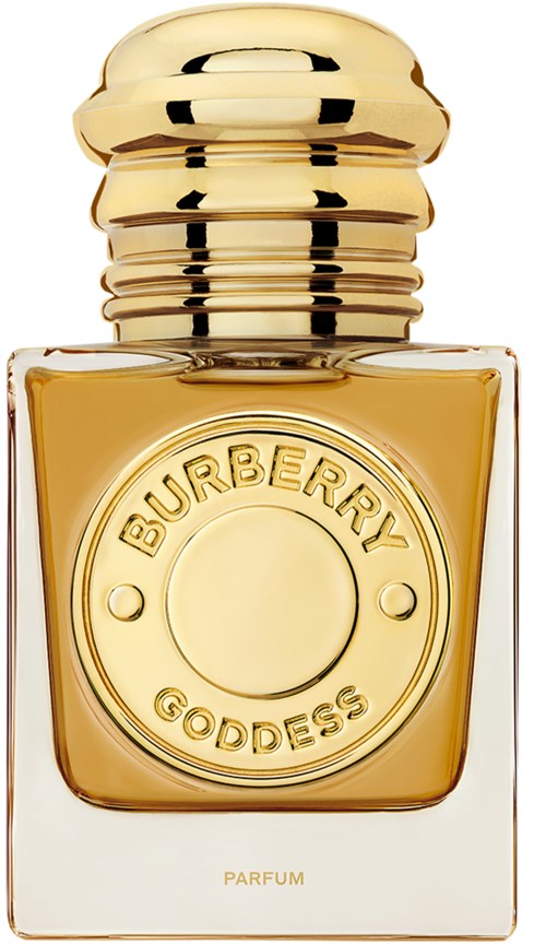 Gold-colored perfume bottle with round cap and Burberry Goddess label on front.
