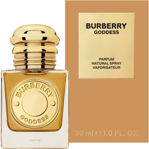 Burberry Goddess perfume bottle and box in beige and gold colors.