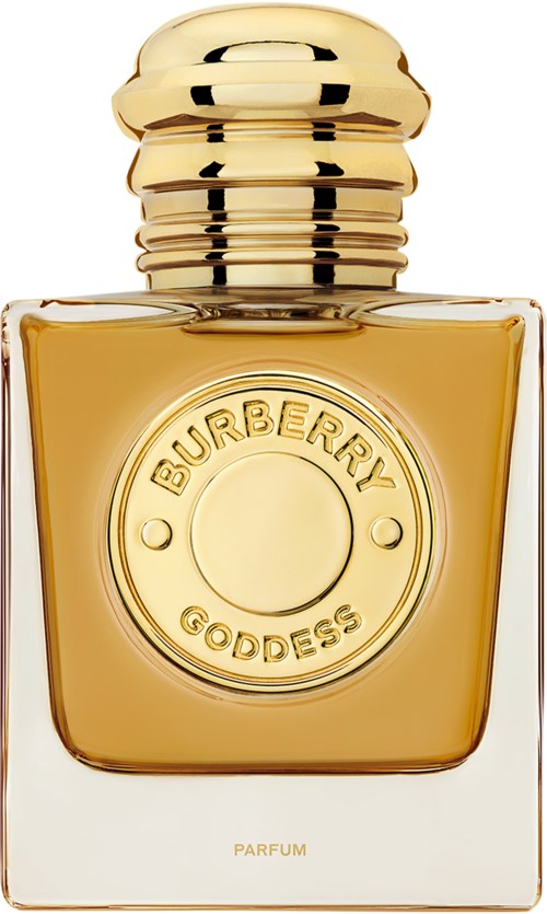 A perfume bottle with a gold round cap and a clear square body, labeled Burberry Goddess.