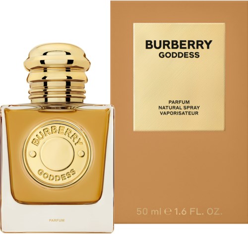 A perfume bottle labeled 'Burberry Goddess' next to its orange box. The bottle is gold and elegant.