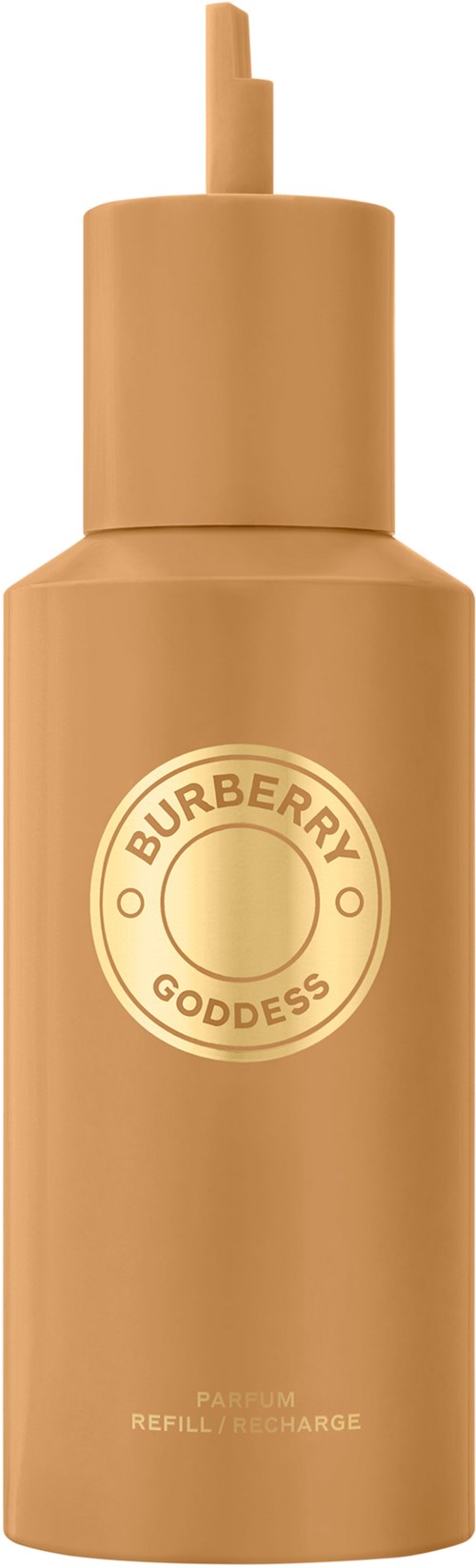 A beige bottle with a pump and a logo saying "Burberry Goddess."