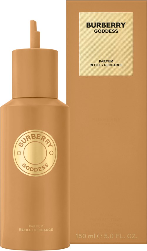 A tan bottle and box, labeled Burberry Goddess perfume refill, 150 ml.