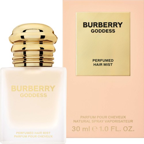 Bottled Burberry Goddess parfumed hair mist with a gold cap, displayed next to the pink and beige packaging box.