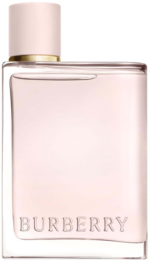 Eine klare Parfümflasche mit weißem Deckel und dem Wort 'BURBERRY'.