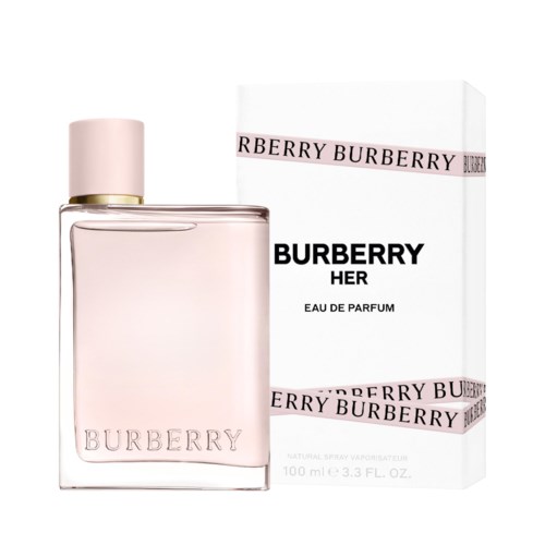 Eine rosa Parfümflasche mit goldenem Band und 'BURBERRY' darauf, neben einer weißen Box mit schwarzem Text.