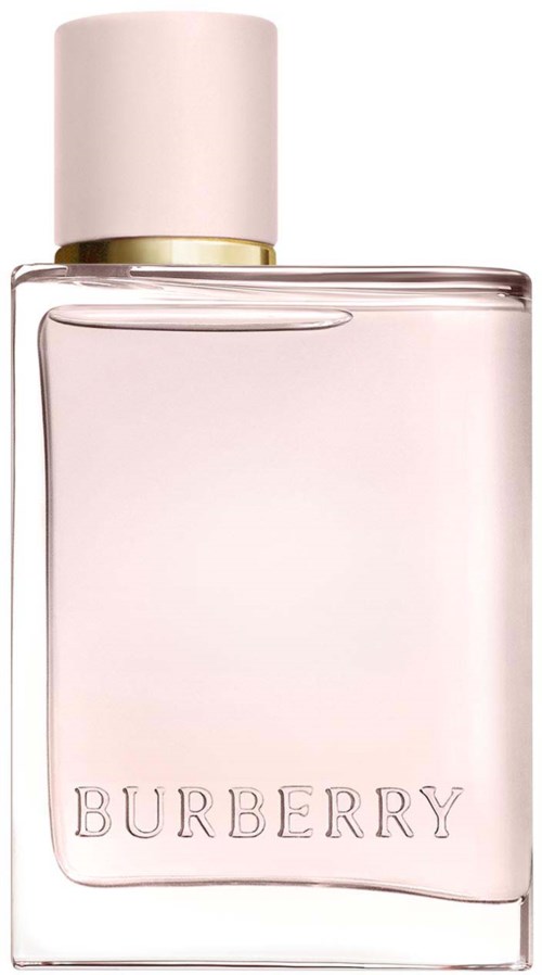 Een parfumfles met witte dop en roze vloeistof, gemarkeerd met 'BURBERRY'.