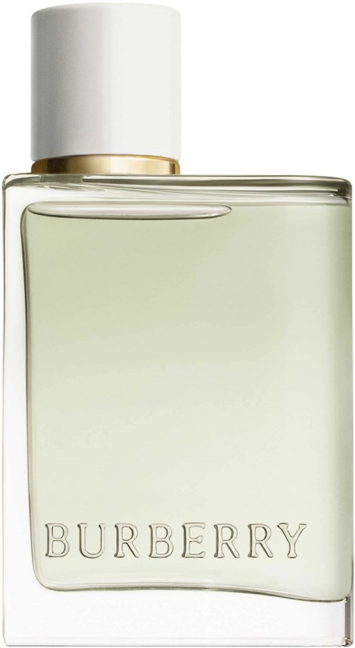 Ein Parfümflasche mit weißem Deckel und klarem Glas, zeigt hellgelbe Flüssigkeit, mit 'Burberry' beschriftet.