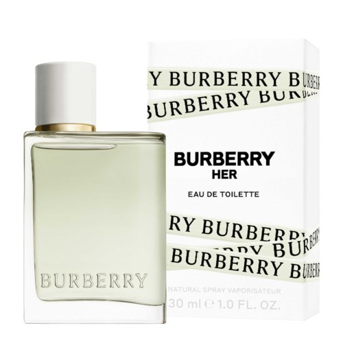 Ein Parfümflasche mit weißem Verschluss neben einer Schachtel mit 'BURBERRY HER' für Eau de Toilette.