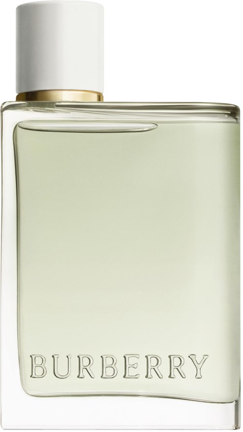 Eine klare Parfümflasche mit weißem Deckel und dem Wort "BURBERRY".
