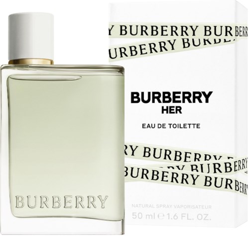 Ein Burberry-Parfümflasche mit weißer Verpackung, beide haben schwarzes Burberry-Branding und Logo.