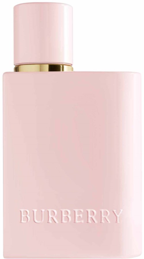 Een roze parfumfles met een gouden ring, Burberry-merk, simpel en elegant ontwerp.