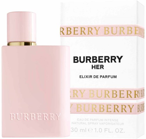 Een roze parfumfles naast een doos met de label Burberry Her Elixir de Parfum, 30 ml.