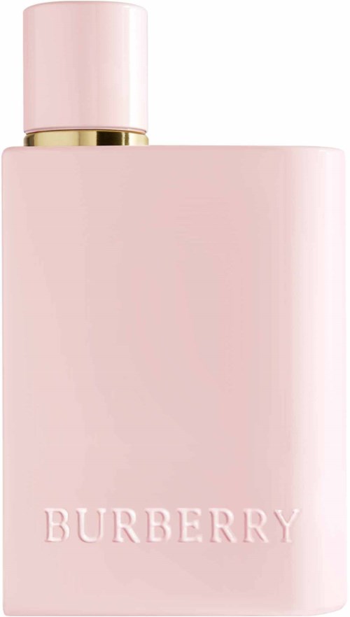 En myk rosa parfymeflaske med gullkant og matchende rosa kork, med Burberry-logoen.