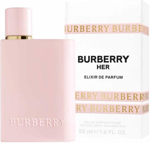 En rosa parfymeflaske og en hvit eske med gull- og svart tekst, merket Burberry Her parfyme.