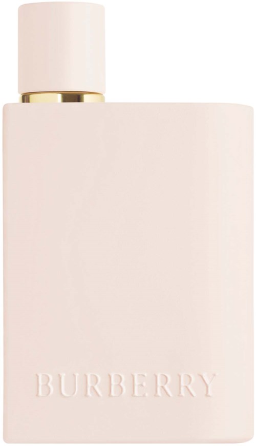 Eine blassrosa Burberry-Parfümflasche mit einfacher rechteckiger Form und rundem Deckel.
