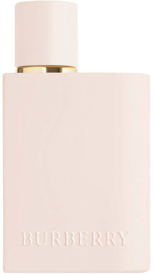A plain light pink perfume bottle with a matching cap, gold ring detail, and the word "BURBERRY" embossed.