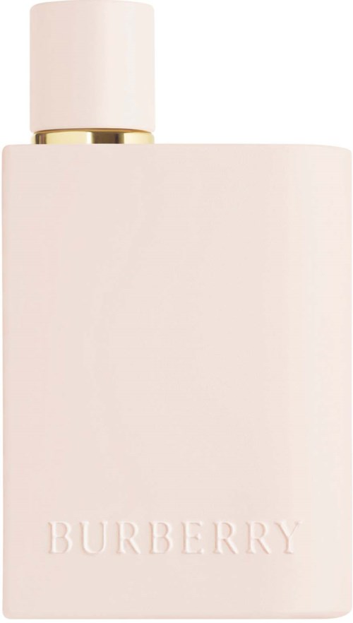 Eine blassrosa Burberry-Parfümflasche mit cremefarbenem Deckel und Goldband.