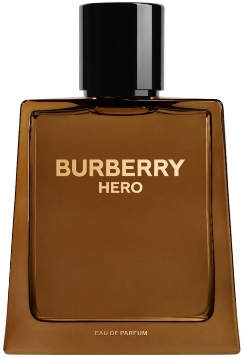 Eine Burberry-Parfümflasche mit der Aufschrift 'HERO', schwarzem Deckel und bernsteinfarbenem Glas.