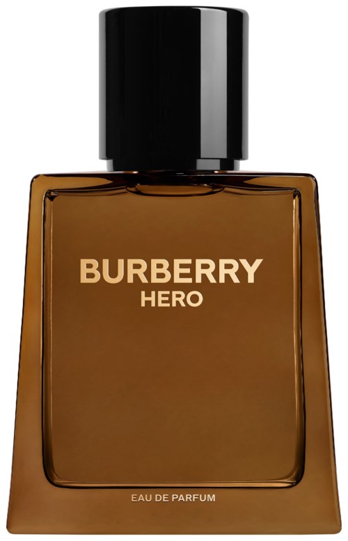 Eine braune Parfümflasche mit schwarzem Verschluss, beschriftet Burberry Hero und Eau De Parfum.