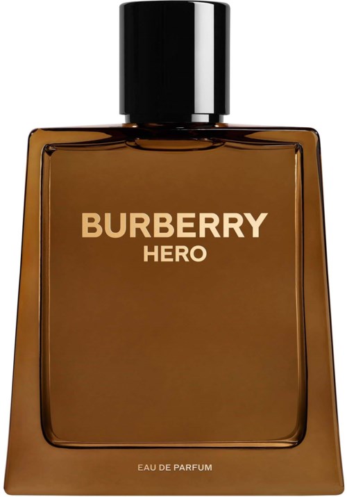 Eine braune Parfümflasche mit dem Etikett Burberry Hero und schwarzem Deckel.