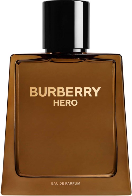Eine braune Parfüfflasche mit schwarzem Deckel, Etikett »Burberry Hero«, einfaches Design mit goldenen Buchstaben.