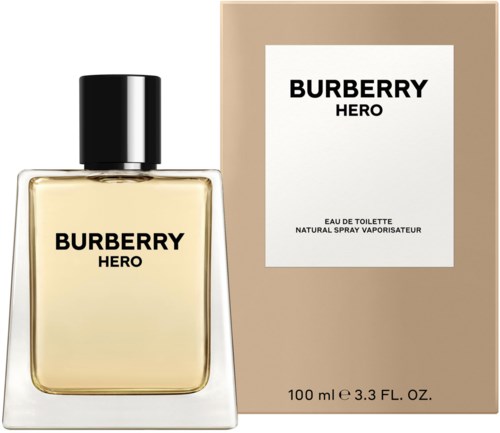 Ein ParfüBottle und Karton für Burberry Hero, mit cremefarbener Verpackung und schwarzem Deckel.