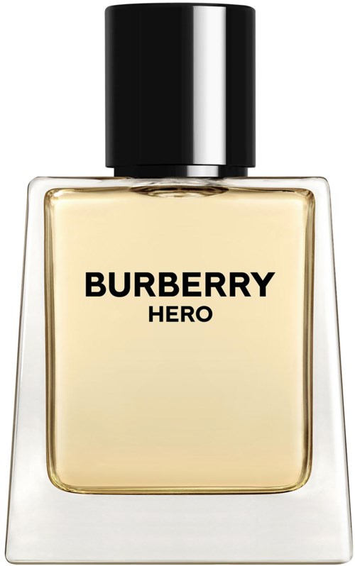 Eine Burberry Hero Parfümflasche mit schwarzem Deckel und klarem Einblick in die lichtgelbe Flüssigkeit.