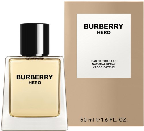 Ein Parfüfflasche und eine Box mit der Aufschrift 'Burberry Hero,' beige und schwarz design, 50 ml.