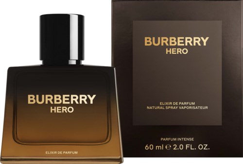 Ein Parfümflasche und eine Schachtel mit Burberry Hero, dunkle Farbe, goldener Text, elegantes Design, 60 ml.