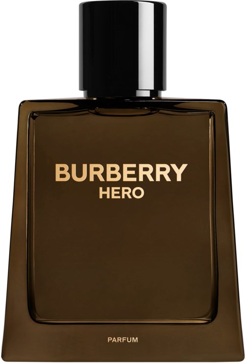 Eine dunkelbraune Parfümflasche mit schwarzem Deckel und goldener Beschriftung 'BURBERRY HERO' und 'PARFUM.'
