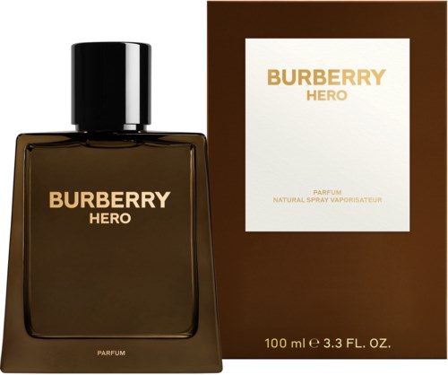 Burberry Hero Parfümflasche mit goldener Etikette und passendem Karton, 100 ml.