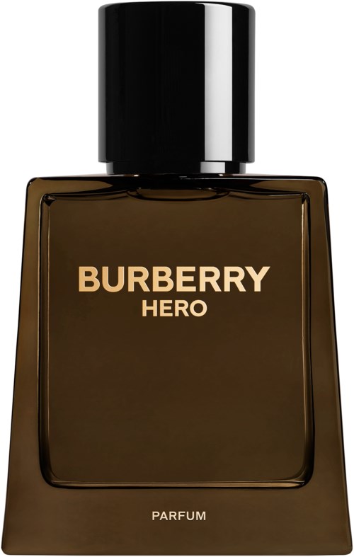 Ein Parfümflasche mit der Aufschrift Burberry Hero, dunkelbraun mit schwarzem Deckel.